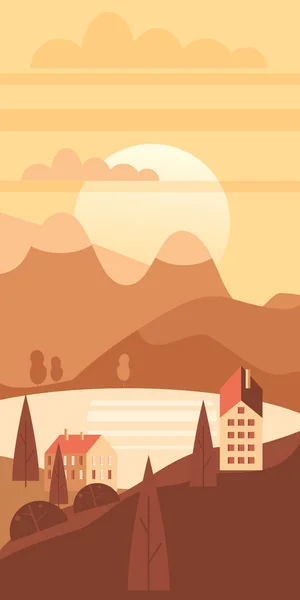 Осінній пейзаж сільських приміських традиційних будівель, пагорбів і дерев гір озерне сонце в модному мінімальному геометричному пласкому стилі. Вектор, ізольований вертикально. Шаблон банального плаката історій соціальних мереж — стоковий вектор