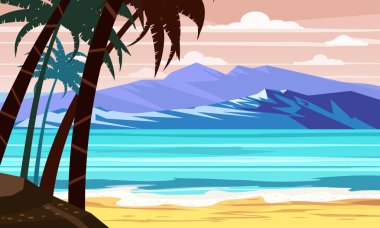 Seascape plaj manzara okyanus - Egzotik bitkiler yaprakları ve palmiye. Güneş ve bulutlar. Trendy tasarım vektör illüstrasyon afiş, tebrik kartı, poster ve reklam - yaz tatili kavramı