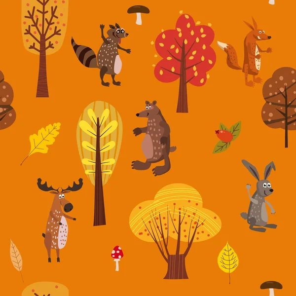 Bosque de otoño animales lindos patrón sin costuras con árboles hojas de moda estilo de dibujos animados planos — Vector de stock