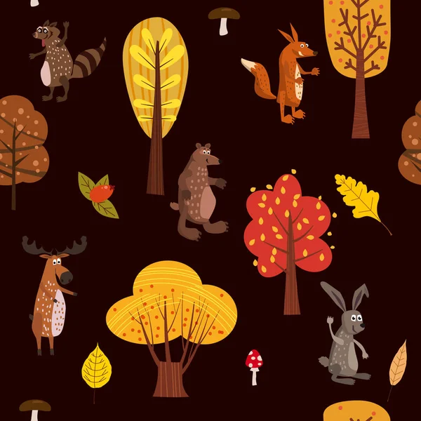 Bosque de otoño animales lindos patrón sin costuras con árboles hojas de moda estilo de dibujos animados planos — Vector de stock