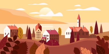 Sonbahar manzara deniz okyanus binaları, tepeler ve ağaçlar dağlar göl güneş trendy minimal geometrik düz tarzı. Vektör, izole dikey. Sosyal medya hikayeleri baner poster şablonu