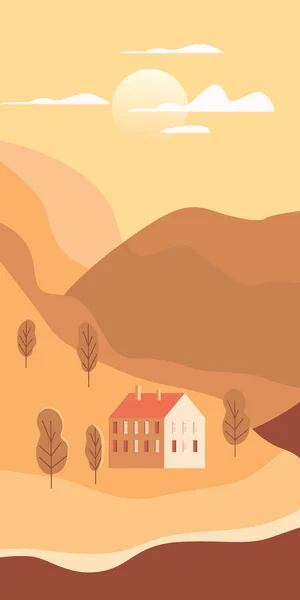 Paisaje rural suburbano edificio tradicional, colinas y árboles montañas mar océano sol en estilo minimalista geométrico plano de moda. Vector, aislado vertical. Plantilla de cartel de baner de historias de redes sociales — Vector de stock