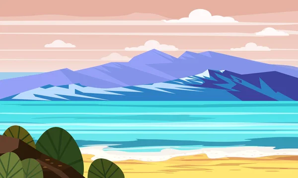 Mar paisagem praia oceano - Plantas exóticas folhas. Sol e nuvens. Design moderno vetor ilustração banner, cartão, cartaz e publicidade - conceito de férias de verão — Vetor de Stock