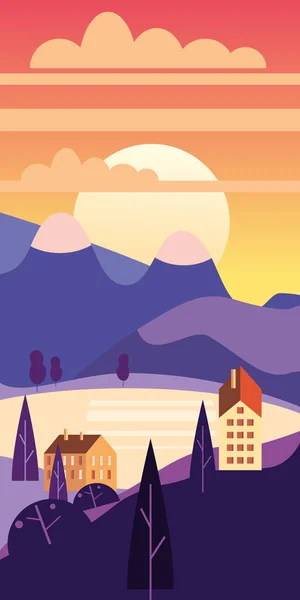 Landscape sunset rural suburban traditional buildings, hills and trees mountains lake sun in trendy minimal geometric flat style. Vector, isolated vertical. Social media stories baner poster template