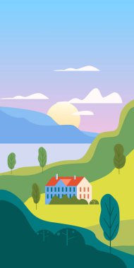 Peyzaj kırsal banliyö geleneksel binalar, tepeler ve ağaçlar dağlar deniz güneşi trendy minimal geometrik düz tarzı. Vektör, izole dikey. Sosyal medya hikayeleri afiş afiş şablonu