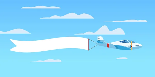 Speed vliegtuig vliegtuig Jet met reclamebanner lint in de bewolkte hemel. Vector geïsoleerde illustratie — Stockvector