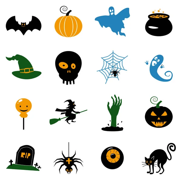 Set Halloween pictogrammen en illustraties kleurrijke pompoenen vleermuis, uil, Ghost, pot, manen, hoed, grafstenen, enge boom, kat, oog, spin. Vector geïsoleerd op witte achtergrond — Stockvector