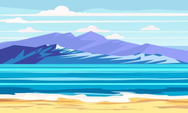 Seascape plaj manzara okyanus. Güneş ve bulutlar. Trendy tasarım vektör illüstrasyon afiş, tebrik kartı, poster ve reklam - yaz tatili kavramı