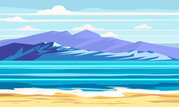 Meer Strand Landschaft Meer. Sonne und Wolken. trendiges Design Vektor Illustration Banner, Grußkarte, Plakat und Werbung - Sommerferienkonzept — Stockvektor