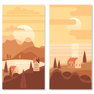 Sonbahar manzara deniz okyanus binaları, tepeler ve ağaçlar dağlar göl güneş trendy minimal geometrik düz tarzı. Vektör, izole dikey. Sosyal medya hikayeleri afiş afiş şablonu