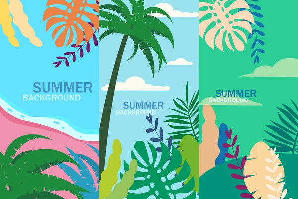 Set summer tropical template backgrounds stories with palms, sky and sunset. Summer placard poster flyer invitation card. Vector isolated trendy flat cartoon style — Stock Vector