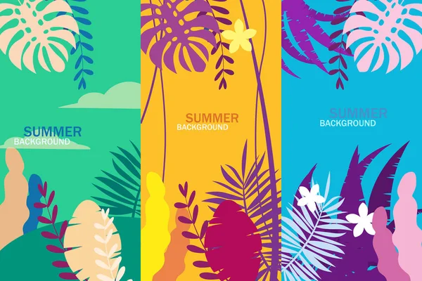 Set summer tropical template backgrounds stories with palms, sky and sunset. Summer placard poster flyer invitation card. Vector isolated trendy flat cartoon style — Stock Vector