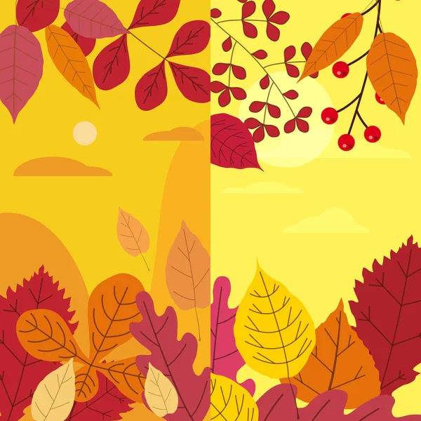 Sonbahar düşmüş renkli sonbahar şablonları ayarlayın turuncu sarı yeşillik bırakır. Arka planlar sosyal medya hikayeleri afiş. Etkinlik daveti, ürün kataloğu, reklam için şablon. Vektör izole — Stok Vektör