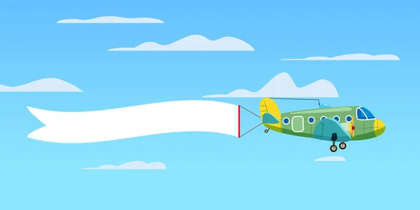 Avión retro rojo con cinta publicitaria en el cielo nublado. Ilustración aislada vectorial — Vector de stock