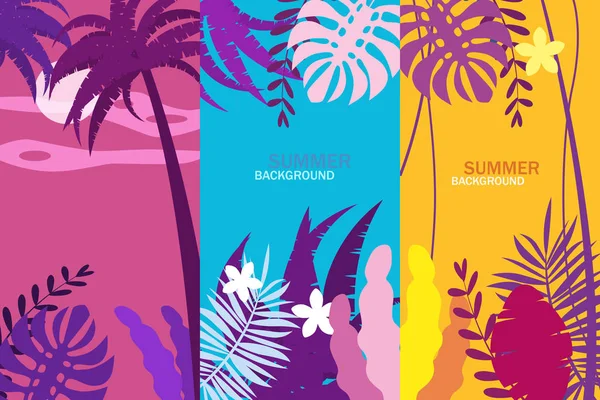 Set Sommer tropischen Vorlagen Hintergründe Geschichten mit Palmen, Himmel und Sonnenuntergang. Sommerplakat Flyer Einladungskarte. Vektor isoliert trendigen flachen Cartoon-Stil — Stockvektor