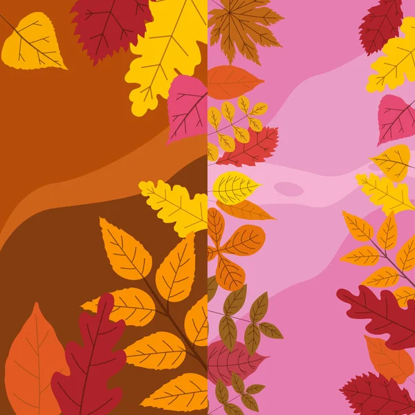 Set warna-warni template musim gugur jatuh daun oranye dedaunan kuning. Latar belakang cerita media sosial spanduk. Templat untuk undangan acara, katalog produk, iklan. Vektor terisolasi - Stok Vektor