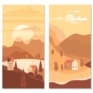 Peyzaj kırsal banliyö geleneksel binalar, tepeler ve ağaçlar dağlar deniz güneşi trendy minimal geometrik düz tarzı. Vektör, izole dikey. Sosyal medya hikayeleri afiş afiş şablonu
