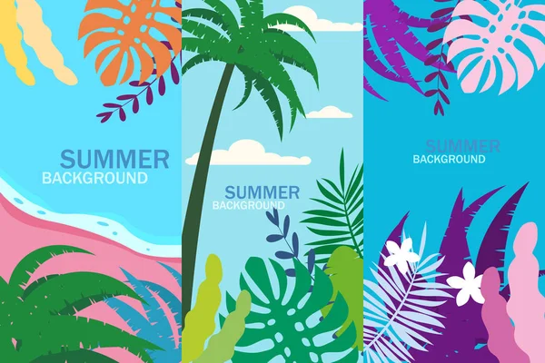 Set Sommer tropischen Vorlagen Hintergründe Geschichten mit Palmen, Himmel und Sonnenuntergang. Sommerplakat Flyer Einladungskarte. Vektor isoliert trendigen flachen Cartoon-Stil — Stockvektor
