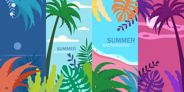 Set summer tropical template backgrounds stories with palms, sky and sunset. Summer placard poster flyer invitation card. Vector isolated trendy flat cartoon style — Stock Vector