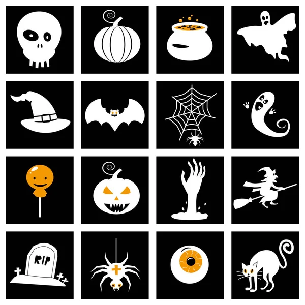 Establecer iconos e ilustraciones de Halloween murciélago de calabazas de colores, búho, fantasma, olla, lunas, sombrero, lápidas, árbol de miedo, gato, ojo, araña. Vector aislado sobre fondo blanco — Vector de stock