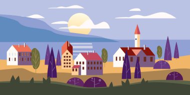 Sonbahar manzara deniz okyanus binaları, tepeler ve ağaçlar dağlar göl güneş trendy minimal geometrik düz tarzı. Vektör, izole dikey. Sosyal medya hikayeleri baner poster şablonu