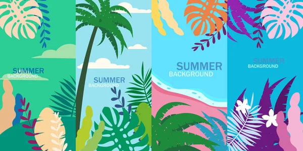 Установите летние пейзажи с пальмами, небом и закатом. Пригласительный билет с плаката. Векторная изоляция в стиле трэнди плоского мультфильма — стоковый вектор
