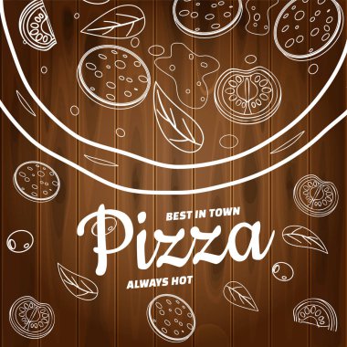 Restoran ve kafe için pizza yemek menüsü. Ahşap arka plan fast food malzemeler ve metin ile doodle lineart tarzı şablon el ilanı baner tasarım. Gıda menüsü veya sokak gıdası için vektör çizimi