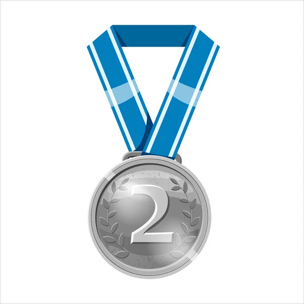 Silbermedaille blaues Band mit Reliefdetails. Silbermedaille für den zweiten Platz. Cartoon realistisches Symbol auf weißem Hintergrund — Stockvektor