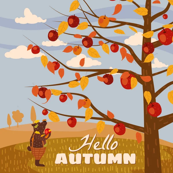 Olá Árvore de maçã de outono Urso bonito em calças com paisagem de maçã estação de colheita de frutas em estilo de tendência horizonte de panorama de desenhos animados plana. Ilustração vector isolado cartaz do cartão postal da bandeira —  Vetores de Stock