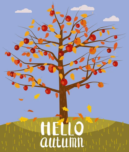 Olá Autumn lettering Árvore de maçã caído outono folhas outono queda paisagem. Ilustração vetorial modelo de banner de cartaz isolado —  Vetores de Stock