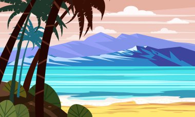Seascape plaj manzara okyanus - Egzotik bitkiler yaprakları ve palmiye. Güneş ve bulutlar. Trendy tasarım vektör illüstrasyon afiş, tebrik kartı, poster ve reklam - yaz tatili kavramı