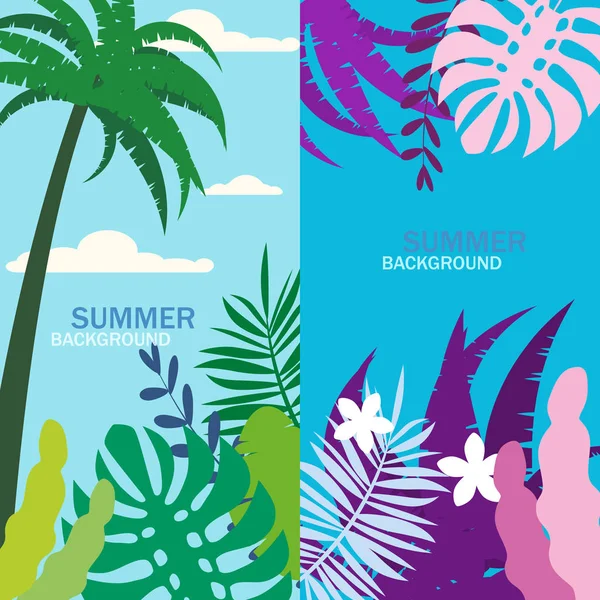 Set of summer backgrounds floral exotic plants leaves, banners, posters, cover design templates, social media stories wallpapers, vector isolated trendy flat cartoon style — Stock Vector