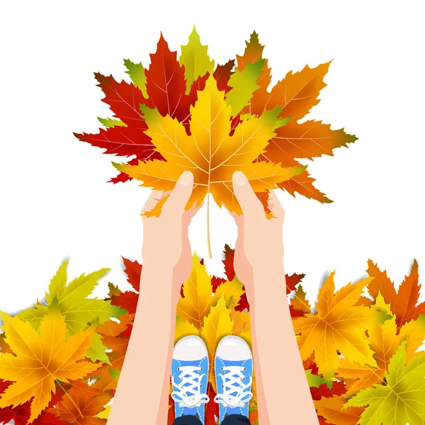 Hände halten Herbst bunte Blätter hellen Strauß Herbst, blumig. Hallo Herbst Schriftzug. Vektorabbildung isoliert — Stockvektor