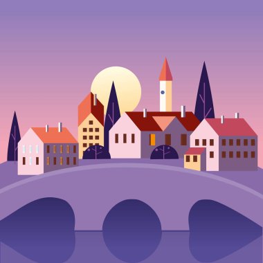 Yaz manzara eski şehir köprüsü Temmuz ay. Takvim sayfaları için sezon afişbaner poster kapağı. Minimal trendy tarzı izole vektör