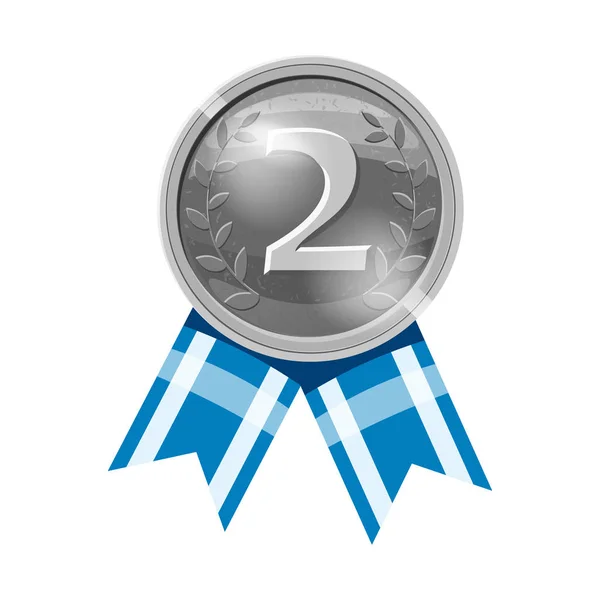 Medaglia d'argento nastro blu con dettaglio in rilievo. Medaglia d'argento per il secondo posto. Icona realistica del fumetto su sfondo bianco — Vettoriale Stock