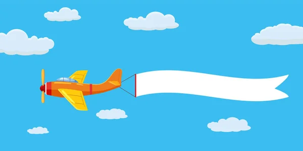 Avión de velocidad con cinta publicitaria en el cielo nublado. Ilustración aislada vectorial — Vector de stock