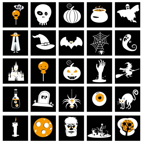 Establecer iconos e ilustraciones de Halloween murciélago de calabazas de colores, búho, fantasma, olla, lunas, sombrero, lápidas, árbol de miedo, gato, ojo, araña. Vector aislado sobre fondo blanco — Vector de stock