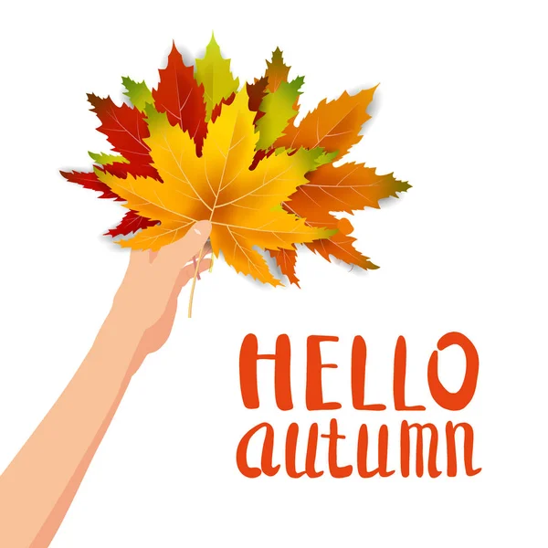 Рука держать осенью красочные листья яркий букет осенью, цветочный. Hello Autumn leasing. Векторная иллюстрация — стоковый вектор