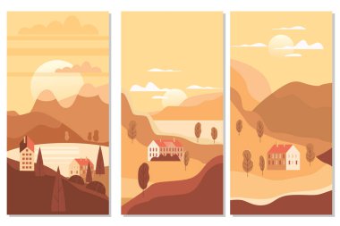 Peyzaj kırsal banliyö geleneksel binalar, tepeler ve ağaçlar dağlar deniz güneşi trendy minimal geometrik düz tarzı. Vektör, izole dikey. Sosyal medya hikayeleri afiş afiş şablonu