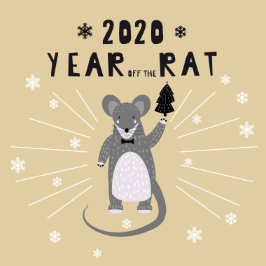 2020 Çin Yeni Yılı Rat zodyak sevimli karakter tebrik kartı şablonu İskandinav tarzı. Vektör çizimi