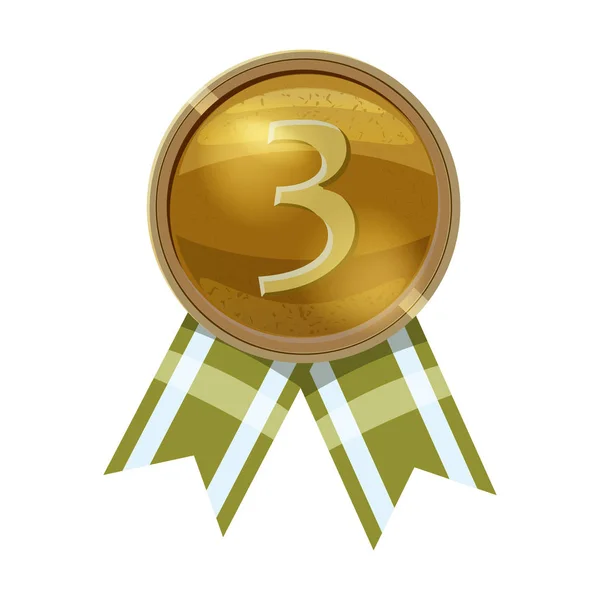 レリーフディテールのブロンズメダルグリーンリボン。銅メダル3位。白い背景に漫画の現実的なアイコン — ストックベクタ