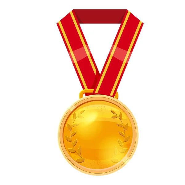 Medaglia d'oro nastro rosso con dettaglio in rilievo. Medaglia d'oro al primo posto. Medaglia d'oro cartone animato icona realistica su sfondo bianco — Vettoriale Stock
