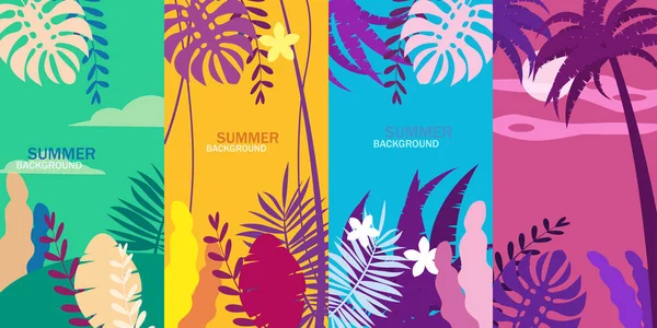 V létě se zde nastavují příběhy z tropických vrstev, s palmami, oblohou a západem slunce. Pozvánka na titulní plakát v létě Vektorový, izolovaný módní styl v kresleném stylu — Stockový vektor