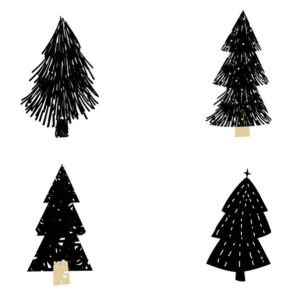 Définissez l'icône sapin de la forêt de Noël. Dessins simples illustration en blanc noir dans un style scandinave pour le design et la décoration textile, couvertures, emballage, emballage pape. Vecteur isolé — Image vectorielle