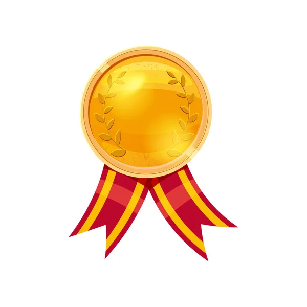 Ruban médaille d'or rouge avec détail en relief. Médaille d'or pour la première place. Dessin animé icône réaliste sur un fond blanc — Image vectorielle