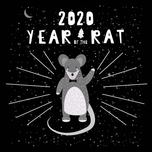 2020 chinesischen Neujahr der Ratte Tierkreis niedlichen Charakter Grußkarte Vorlage skandinavischen Stil. Vektorillustration — Stockvektor