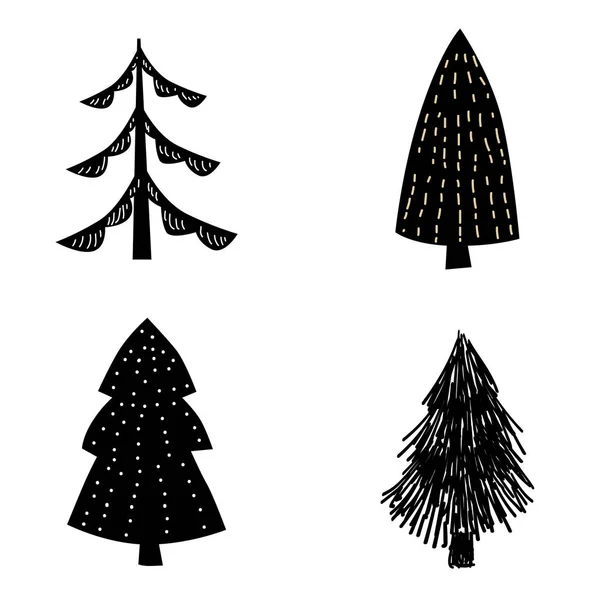 Stel kerstboom boom dennenboom icoon. Eenvoudige doodles zwart-wit illustratie in Scandinavische stijl voor ontwerp en decoratie textiel, covers, pakket, verpakking pape. Vector geïsoleerd — Stockvector