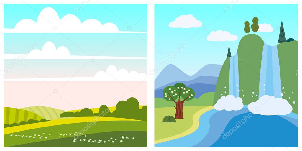 Set spring summer landscape rural countryside waterfall. Vector isolated minimal cartoon style, template baner poster