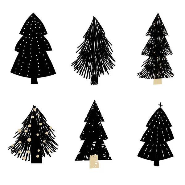 Imposta l'icona dell'abete della foresta di Natale. Illustrazione semplice scarabocchi bianco nero in stile scandinavo per il design e la decorazione tessile, copertine, confezione, carta da imballaggio. Vettore isolato — Vettoriale Stock