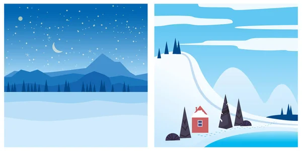 冬の風景山の雪の木を設定します。ベクトル分離最小限の漫画スタイル、テンプレートバナーポスター — ストックベクタ